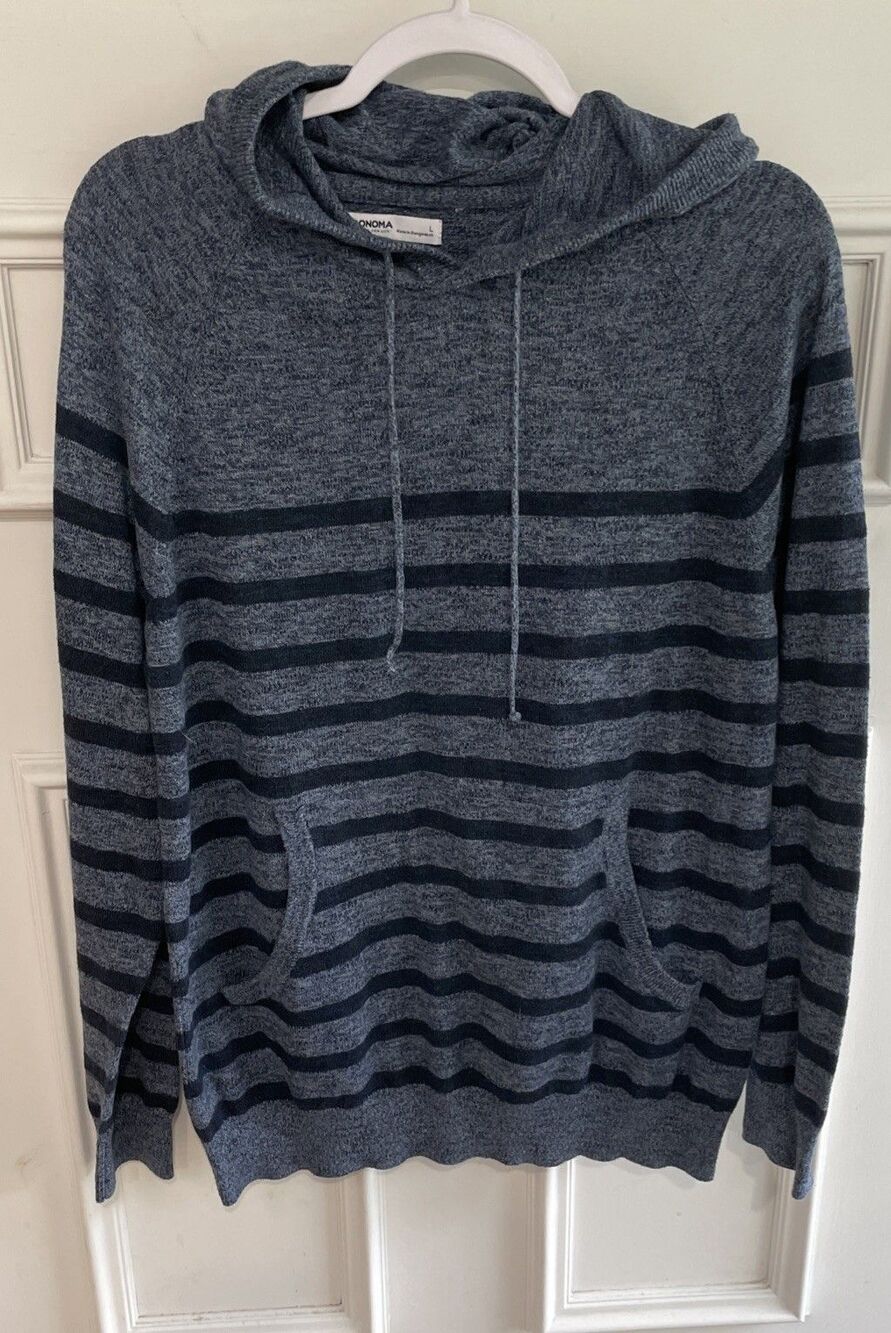 Sonoma Hoodie Women's Large Blue Stripe Pullover Sweater Top with Pocket